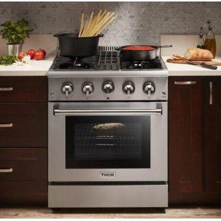 Thor Kitchen 30 in. Gas Burner/Electric Oven Range, Range Hood, Microwave Drawer Appliance Package