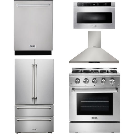 Thor Kitchen Kitchen Appliance Packages Thor Kitchen 30 In. Gas Burner/Electric Oven Range, Range Hood, Microwave Drawer, Refrigerator, Dishwasher Appliance Package