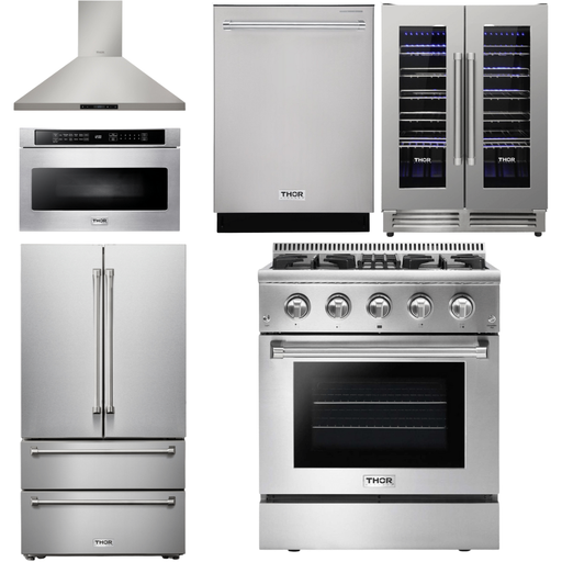 Thor Kitchen Kitchen Appliance Packages Thor Kitchen 30 In. Gas Burner/Electric Oven Range, Range Hood, Microwave Drawer, Refrigerator, Dishwasher, Wine Cooler Appliance Package