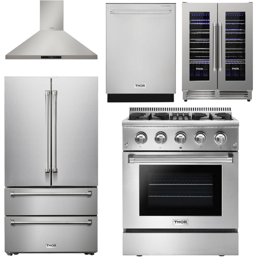 Thor Kitchen 30 In. Gas Burner/Electric Oven Range, Range Hood, Refrigerator, Dishwasher, Wine Cooler Appliance Package