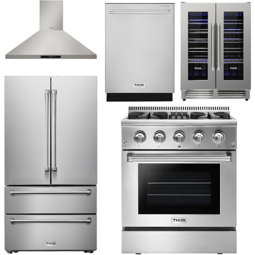 Thor Kitchen Kitchen Appliance Packages Thor Kitchen 30 In. Gas Burner/Electric Oven Range, Range Hood, Refrigerator, Dishwasher, Wine Cooler Appliance Package