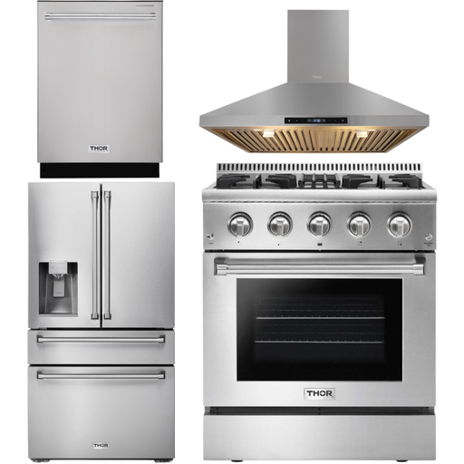 Thor Kitchen 30 In. Gas Burner/Electric Oven Range, Range Hood, Refrigerator with Water and Ice Dispenser, Dishwasher Appliance Package