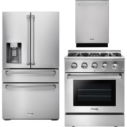 Thor Kitchen Kitchen Appliance Packages Thor Kitchen 30 In. Gas Burner/Electric Oven Range, Refrigerator with Water and Ice Dispenser, Dishwasher Appliance Package
