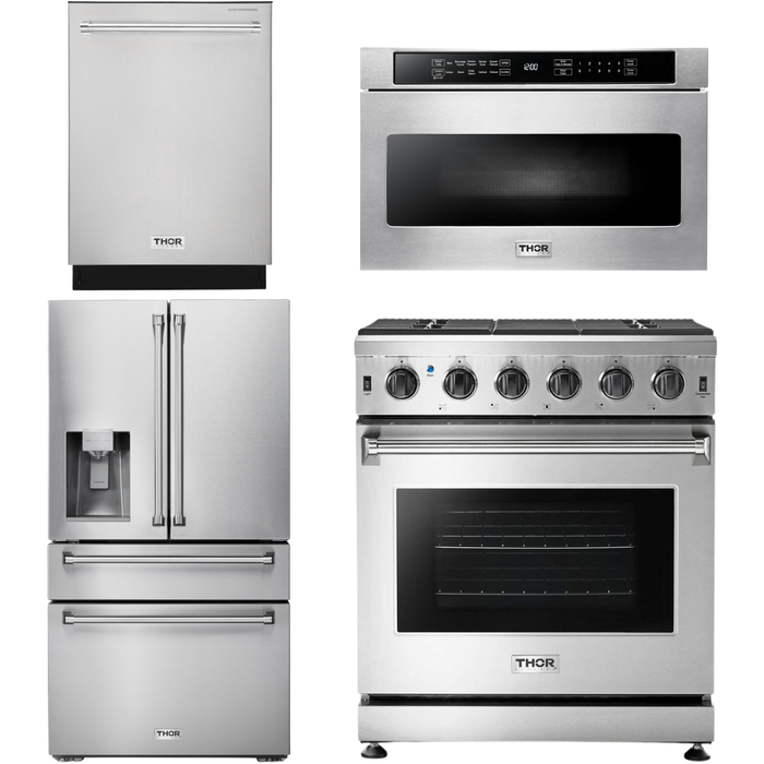 Thor Kitchen 30 in. Gas Range, Microwave Drawer, Refrigerator with Water and Ice Dispenser, Dishwasher Appliance Package