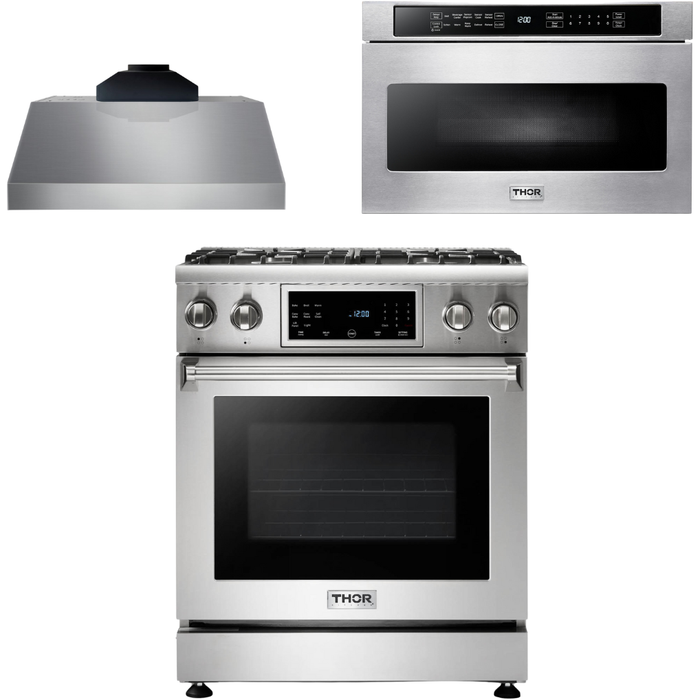 Thor Kitchen Kitchen Appliance Packages Thor Kitchen 30 In. Gas Range, Range Hood, Microwave Drawer Appliance Package