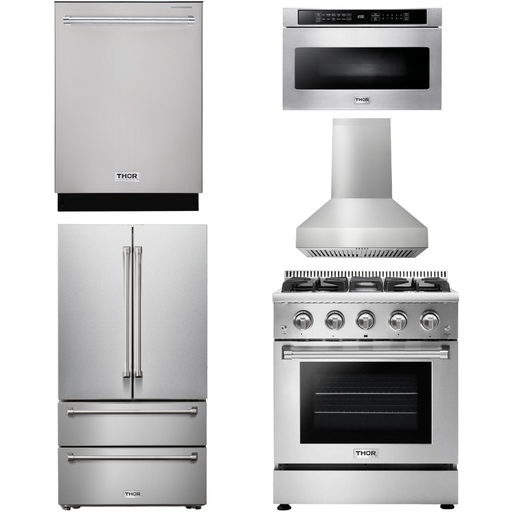 Thor Kitchen 30 In. Gas Range, Range Hood, Microwave Drawer, Refrigerator, Dishwasher Appliance Package