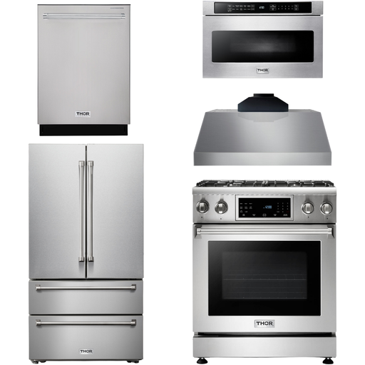 Thor Kitchen Kitchen Appliance Packages Thor Kitchen 30 In. Gas Range, Range Hood, Microwave Drawer, Refrigerator, Dishwasher Appliance Package