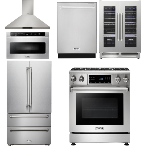 Thor Kitchen 30 In. Gas Range, Range Hood, Microwave Drawer, Refrigerator, Dishwasher, Wine Cooler Appliance Package