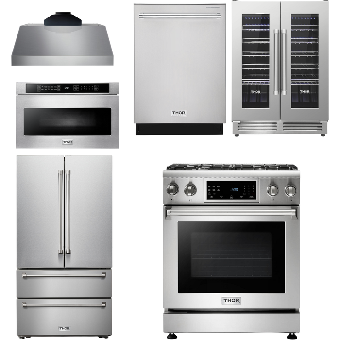 Thor Kitchen 30 In. Gas Range, Range Hood, Microwave Drawer, Refrigerator, Dishwasher, Wine Cooler Appliance Package