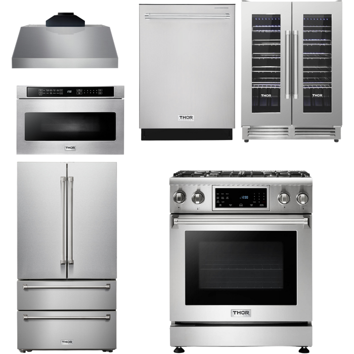 Thor Kitchen Kitchen Appliance Packages Thor Kitchen 30 In. Gas Range, Range Hood, Microwave Drawer, Refrigerator, Dishwasher, Wine Cooler Appliance Package