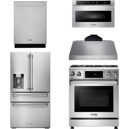 Thor Kitchen 30 In. Gas Range, Range Hood, Microwave Drawer, Refrigerator with Water and Ice Dispenser, Dishwasher Appliance Package