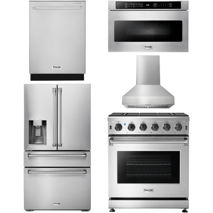 Thor Kitchen 30 In. Gas Range, Range Hood, Microwave Drawer, Refrigerator with Water and Ice Dispenser, Dishwasher Appliance Package