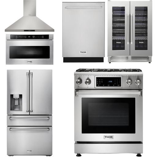 Thor Kitchen 30 In. Gas Range, Range Hood, Microwave Drawer, Refrigerator with Water and Ice Dispenser, Dishwasher, Wine Cooler Appliance Package