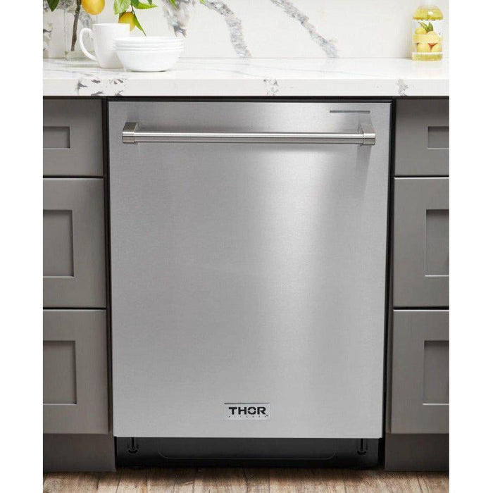 Thor Kitchen 30 In. Gas Range, Range Hood, Microwave Drawer, Refrigerator with Water and Ice Dispenser, Dishwasher, Wine Cooler Appliance Package