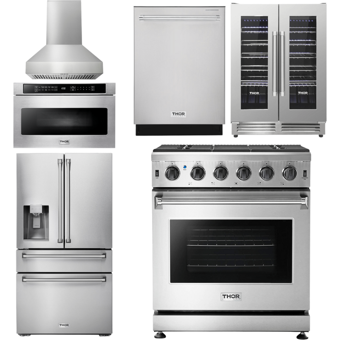 Thor Kitchen 30 In. Gas Range, Range Hood, Microwave Drawer, Refrigerator with Water and Ice Dispenser, Dishwasher, Wine Cooler Appliance Package