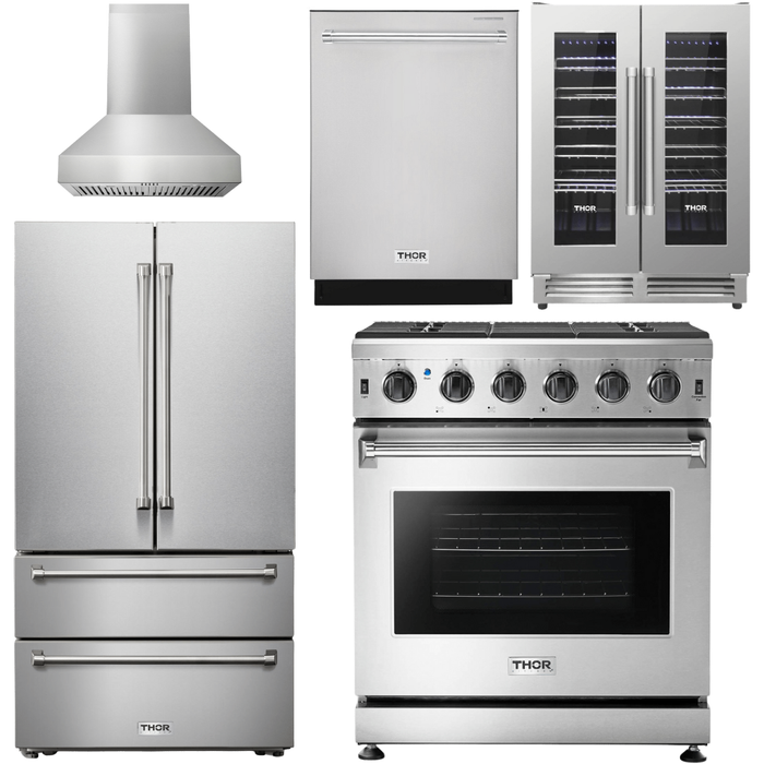 Thor Kitchen 30 In. Gas Range, Range Hood, Refrigerator, Dishwasher, Wine Cooler Appliance Package