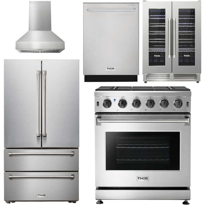 Thor Kitchen Kitchen Appliance Packages Thor Kitchen 30 In. Gas Range, Range Hood, Refrigerator, Dishwasher, Wine Cooler Appliance Package