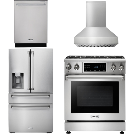 Thor Kitchen 30 In. Gas Range, Range Hood, Refrigerator with Water and Ice Dispenser, Dishwasher Appliance Package