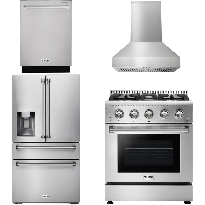 Thor Kitchen 30 In. Gas Range, Range Hood, Refrigerator with Water and Ice Dispenser, Dishwasher Appliance Package