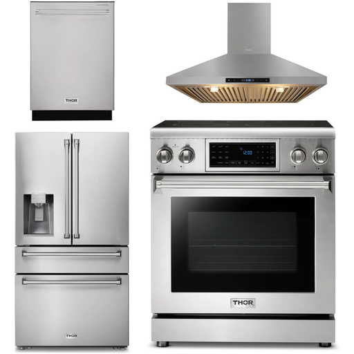 Thor Kitchen 30 In. Gas Range, Range Hood, Refrigerator with Water and Ice Dispenser, Dishwasher Appliance Package