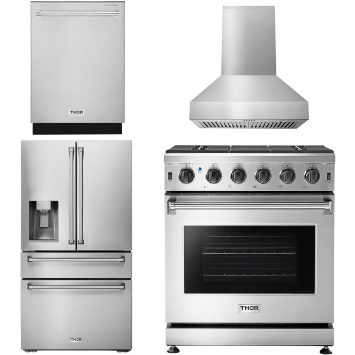 Thor Kitchen 30 In. Gas Range, Range Hood, Refrigerator with Water and Ice Dispenser, Dishwasher Appliance Package