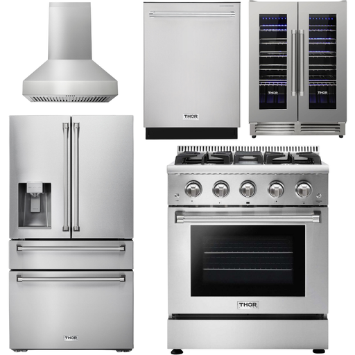 Thor Kitchen 30 In. Gas Range, Range Hood, Refrigerator with Water and Ice Dispenser, Dishwasher, Wine Cooler Appliance Package