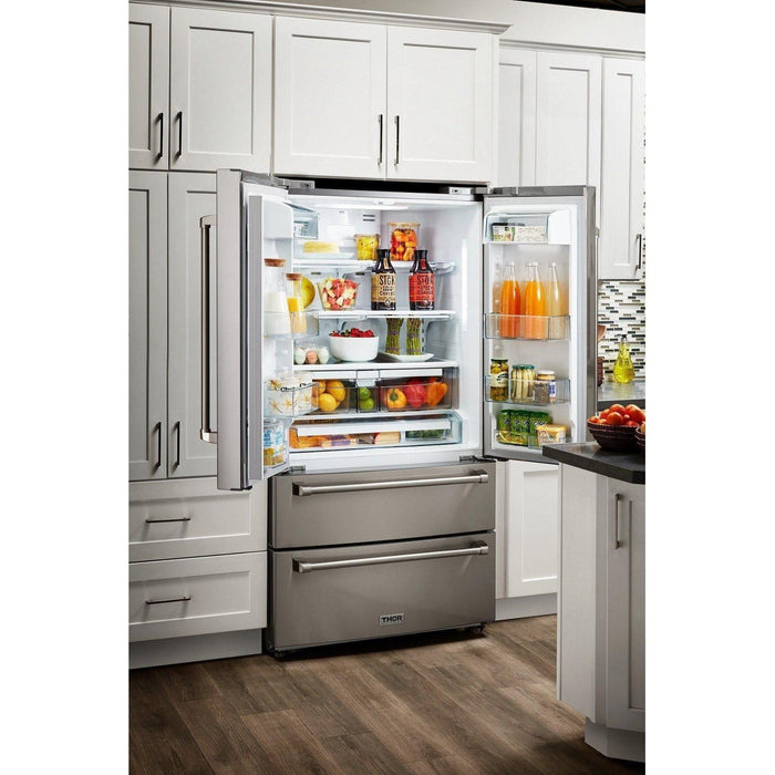 Thor Kitchen 30 In. Gas Range, Range Hood, Refrigerator with Water and Ice Dispenser, Dishwasher, Wine Cooler Appliance Package