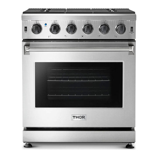 Thor Kitchen 30 In. Gas Range, Range Hood, Refrigerator with Water and Ice Dispenser, Dishwasher, Wine Cooler Appliance Package