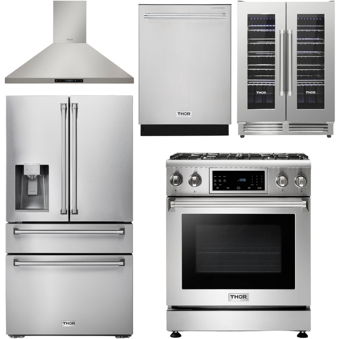 Thor Kitchen Kitchen Appliance Packages Thor Kitchen 30 In. Gas Range, Range Hood, Refrigerator with Water and Ice Dispenser, Dishwasher, Wine Cooler Appliance Package