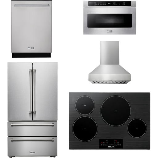 Thor Kitchen 30 In. Induction Cooktop, Range Hood, Microwave Drawer, Refrigerator, Dishwasher Appliance Package