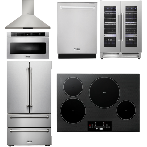 Thor Kitchen 30 In. Induction Cooktop, Range Hood, Microwave Drawer, Refrigerator, Dishwasher, Wine Cooler Appliance Package