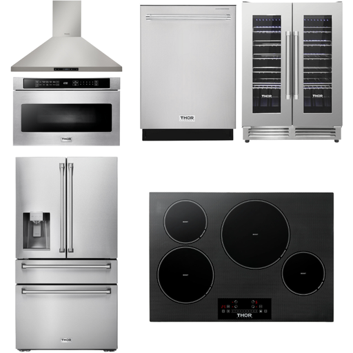 Thor Kitchen Kitchen Appliance Packages Thor Kitchen 30 In. Induction Cooktop, Range Hood, Microwave Drawer, Refrigerator with Water and Ice Dispenser, Dishwasher, Wine Cooler Appliance Package