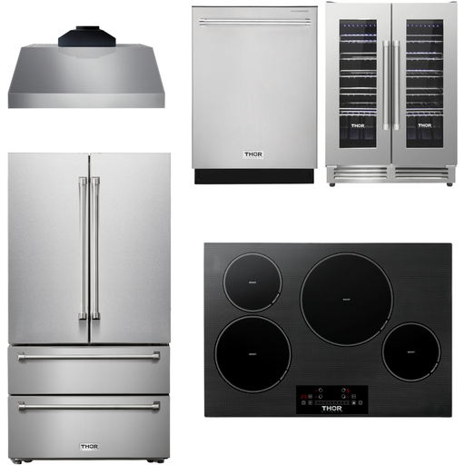 Thor Kitchen 30 In. Induction Cooktop, Range Hood, Refrigerator, Dishwasher, Wine Cooler Appliance Package