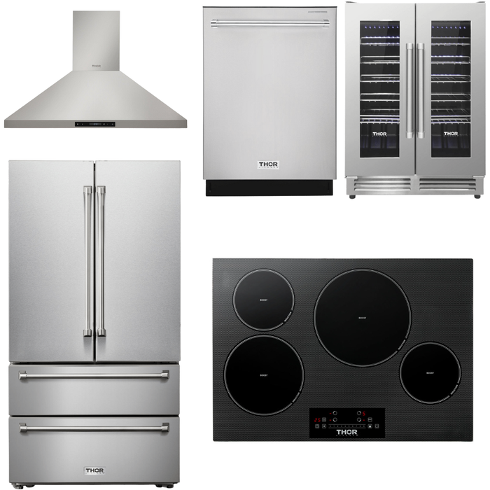 Thor Kitchen 30 In. Induction Cooktop, Range Hood, Refrigerator, Dishwasher, Wine Cooler Appliance Package