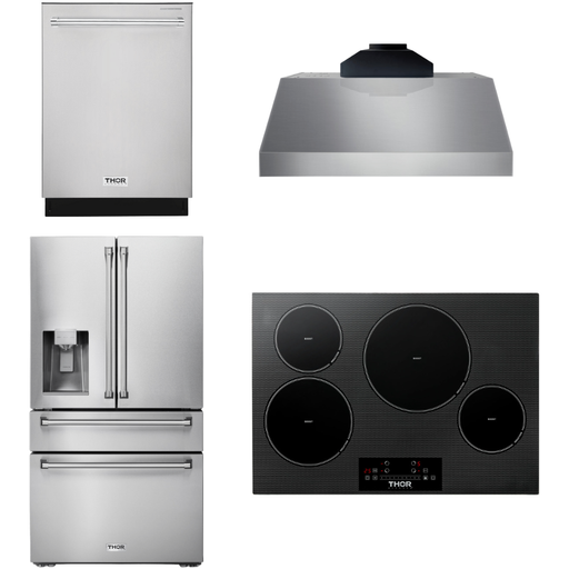 Thor Kitchen 30 In. Induction Cooktop, Range Hood, Refrigerator with Water and Ice Dispenser, Dishwasher Appliance Package