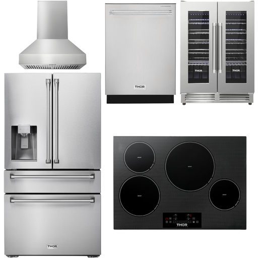 Thor Kitchen 30 In. Induction Cooktop, Range Hood, Refrigerator with Water and Ice Dispenser, Dishwasher, Wine Cooler Appliance Package