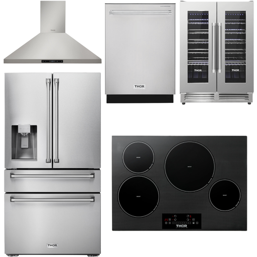 Thor Kitchen Kitchen Appliance Packages Thor Kitchen 30 In. Induction Cooktop, Range Hood, Refrigerator with Water and Ice Dispenser, Dishwasher, Wine Cooler Appliance Package