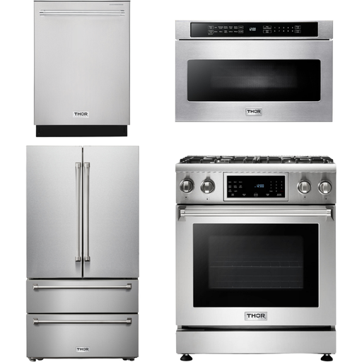 Thor Kitchen 30 In. Natural Gas Range, Microwave Drawer, Refrigerator, Dishwasher Appliance Package