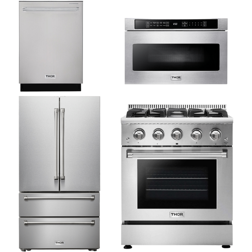 Thor Kitchen 30 In. Natural Gas Range, Microwave Drawer, Refrigerator, Dishwasher Appliance Package