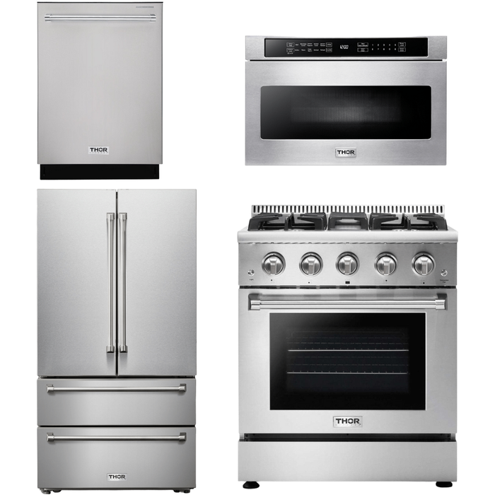 Thor Kitchen Kitchen Appliance Packages Thor Kitchen 30 In. Natural Gas Range, Microwave Drawer, Refrigerator, Dishwasher Appliance Package
