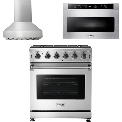 Thor Kitchen 30 In. Natural Gas Range, Range Hood, Microwave Drawer Appliance Package