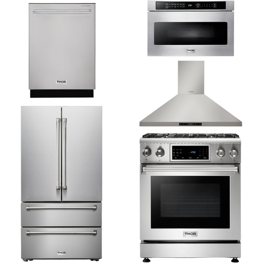 Thor Kitchen Kitchen Appliance Packages Thor Kitchen 30 In. Natural Gas Range, Range Hood, Microwave Drawer, Refrigerator, Dishwasher Appliance Package