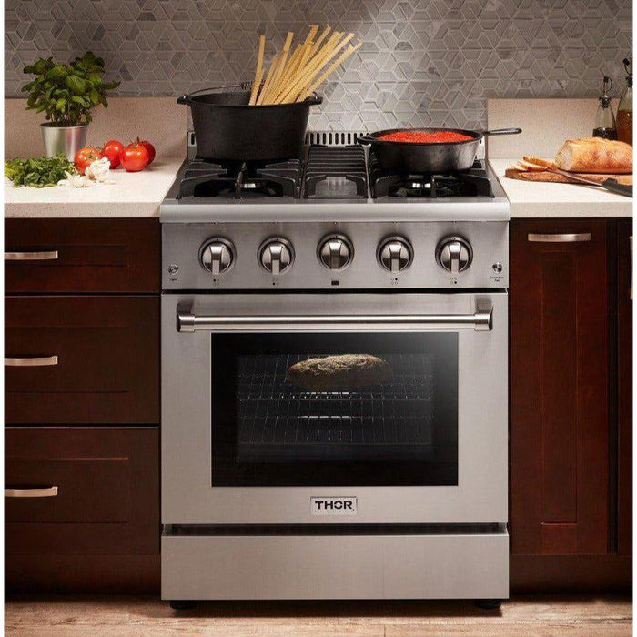 Thor Kitchen 30 In. Natural Gas Range, Range Hood, Microwave Drawer, Refrigerator with Water and Ice Dispenser, Dishwasher, Wine Cooler Appliance Package