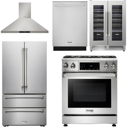 Thor Kitchen 30 In. Natural Gas Range, Range Hood, Refrigerator, Dishwasher, Wine Cooler Appliance Package