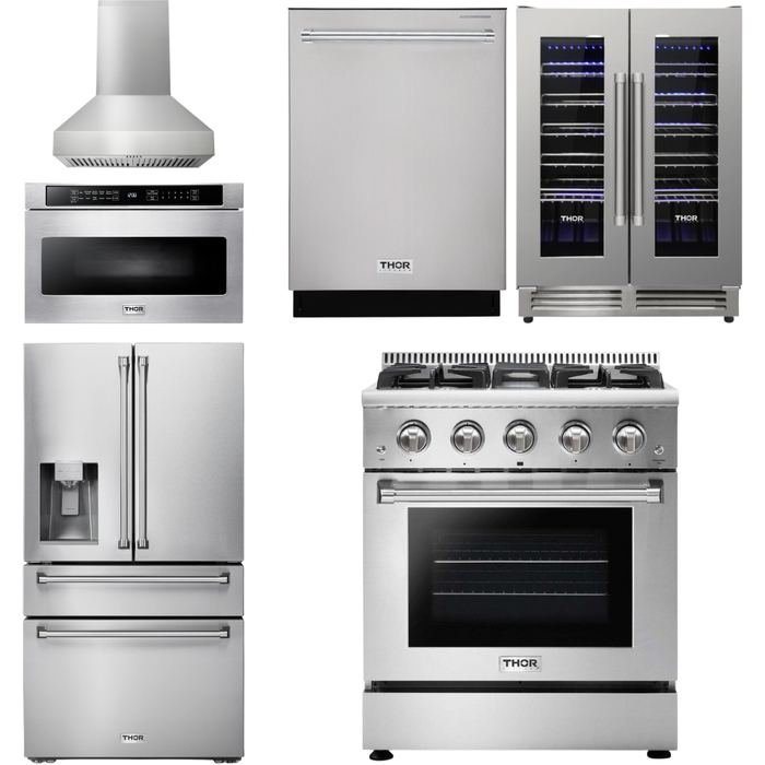 Thor Kitchen 30 In. Professional Natural Gas Range, Range Hood, Microwave Drawer, Refrigerator with Water and Ice Dispenser, Dishwasher, Wine Cooler Appliance Package