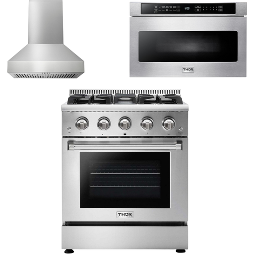 Thor Kitchen Kitchen Appliance Packages Thor Kitchen 30 In. Professional Propane Gas Range, Range Hood, Microwave Drawer Appliance Package