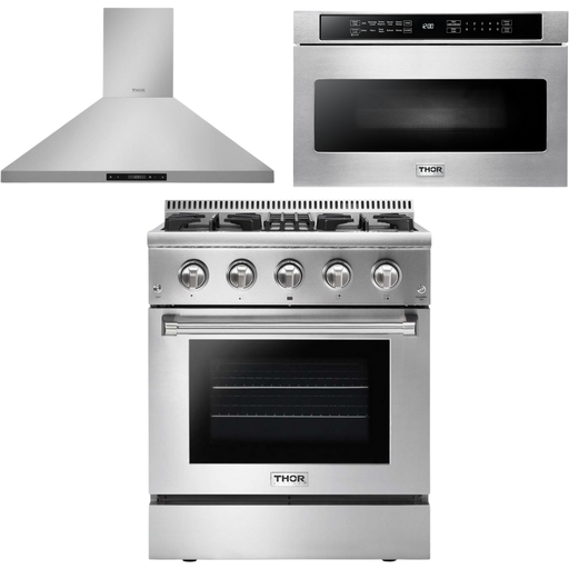Thor Kitchen Kitchen Appliance Packages Thor Kitchen 30 in. Propane Gas Burner/Electric Oven Range, Range Hood, Microwave Drawer Appliance Package