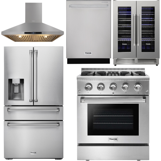 Thor Kitchen 30 In. Propane Gas Burner/Electric Oven Range, Range Hood, Refrigerator with Water and Ice Dispenser, Dishwasher, Wine Cooler Appliance Package