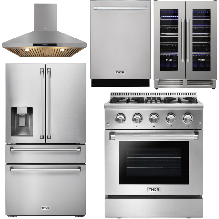 Thor Kitchen Kitchen Appliance Packages Thor Kitchen 30 In. Propane Gas Burner/Electric Oven Range, Range Hood, Refrigerator with Water and Ice Dispenser, Dishwasher, Wine Cooler Appliance Package