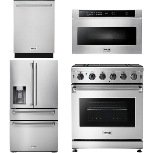 Thor Kitchen Kitchen Appliance Packages Thor Kitchen 30 in. Propane Gas Range, Microwave Drawer, Refrigerator with Water and Ice Dispenser, Dishwasher Appliance Package